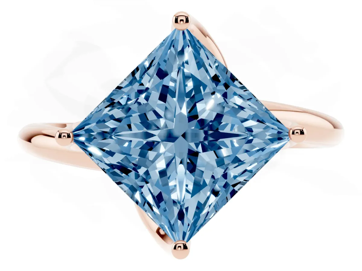 Fancy Blue Princess Cut Diamond Solitaire Engagement Ring with Four-Prong Setting and Classic Band Rose gold