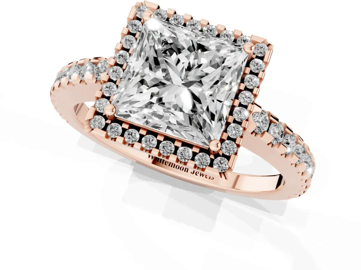 Princess Cut Diamond Halo Engagement Ring with Pavé Band and Prong Setting Rose gold