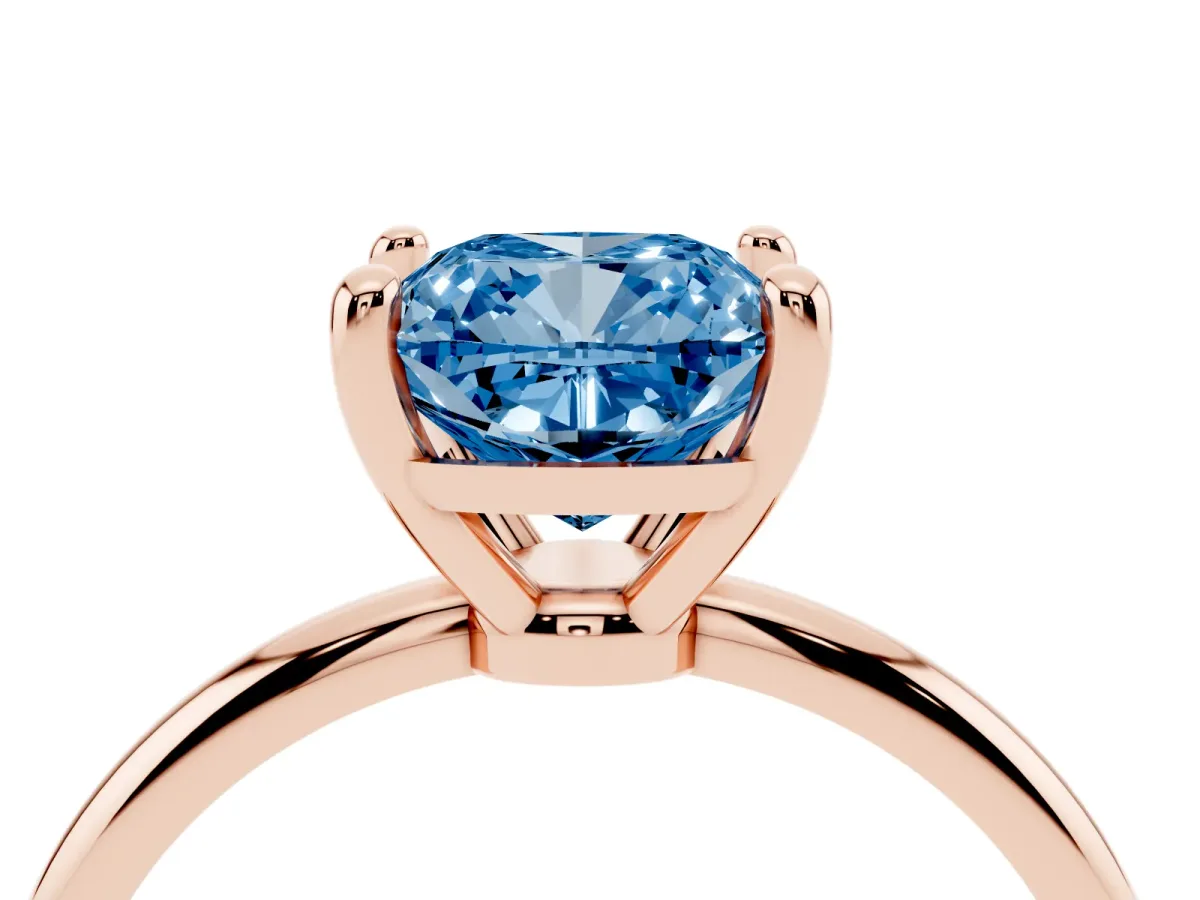 Fancy Blue Cushion Cut Solitaire Diamond Ring with 4-Prong Setting on a Classic Band Rose gold