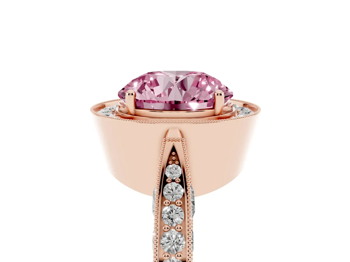 Fancy Pink Round Cut Halo Diamond Engagement Ring with Split Shank Band and Four-Prong Setting Rose gold