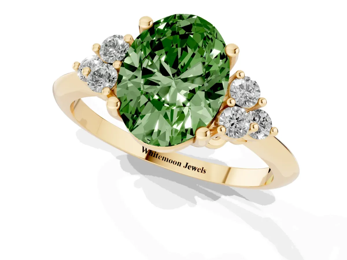 Fancy Green Oval Cut Cut Diamond Cluster Ring with Solitaire Band and Four-Prong Setting Yellow gold