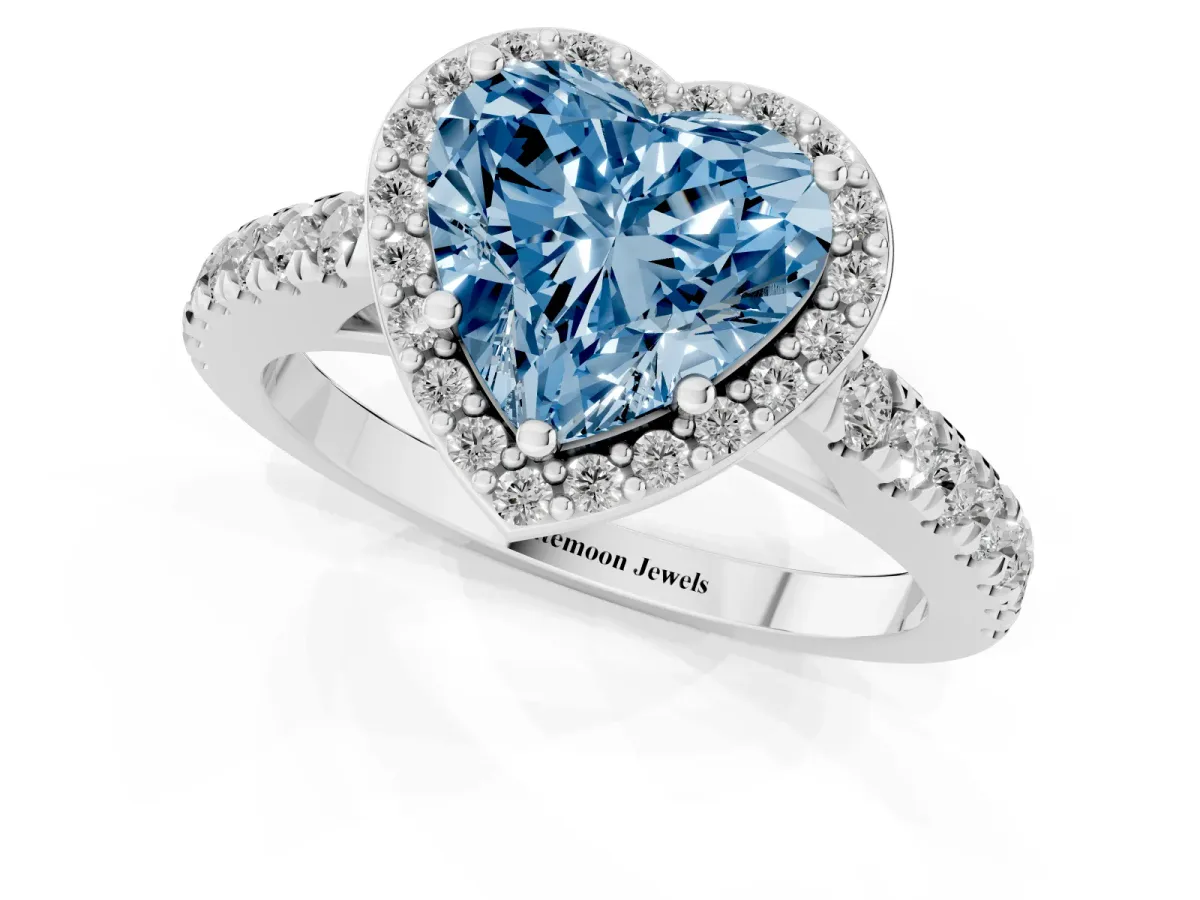 Fancy Blue Heart Cut Cut Halo Diamond Engagement Ring with Pave Band and Four-Prong Setting Silver