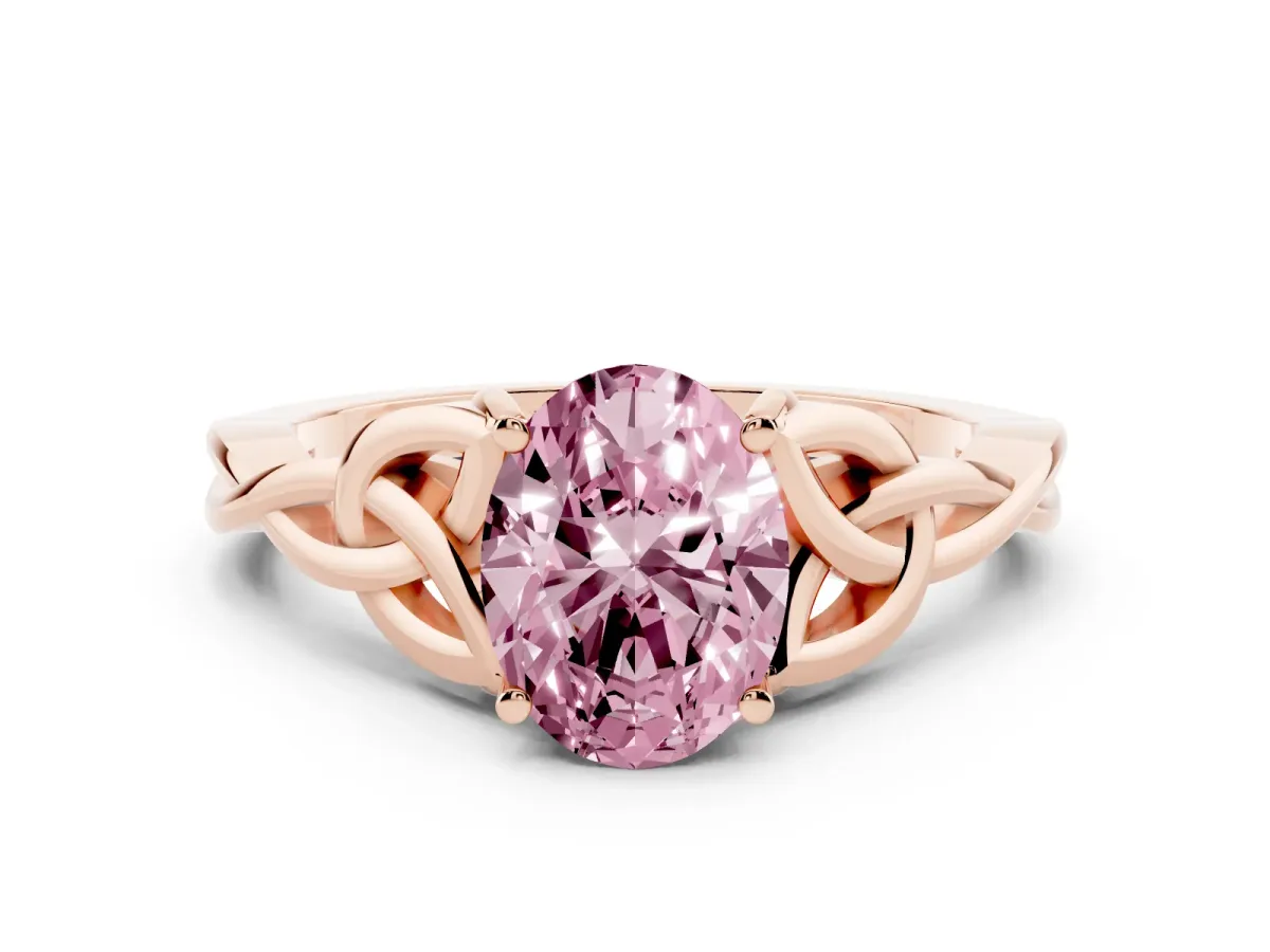 Fancy Pink Oval Cut Diamond Solitaire Engagement Ring with Celtic Knot Band and Four-Prong Setting Rose gold