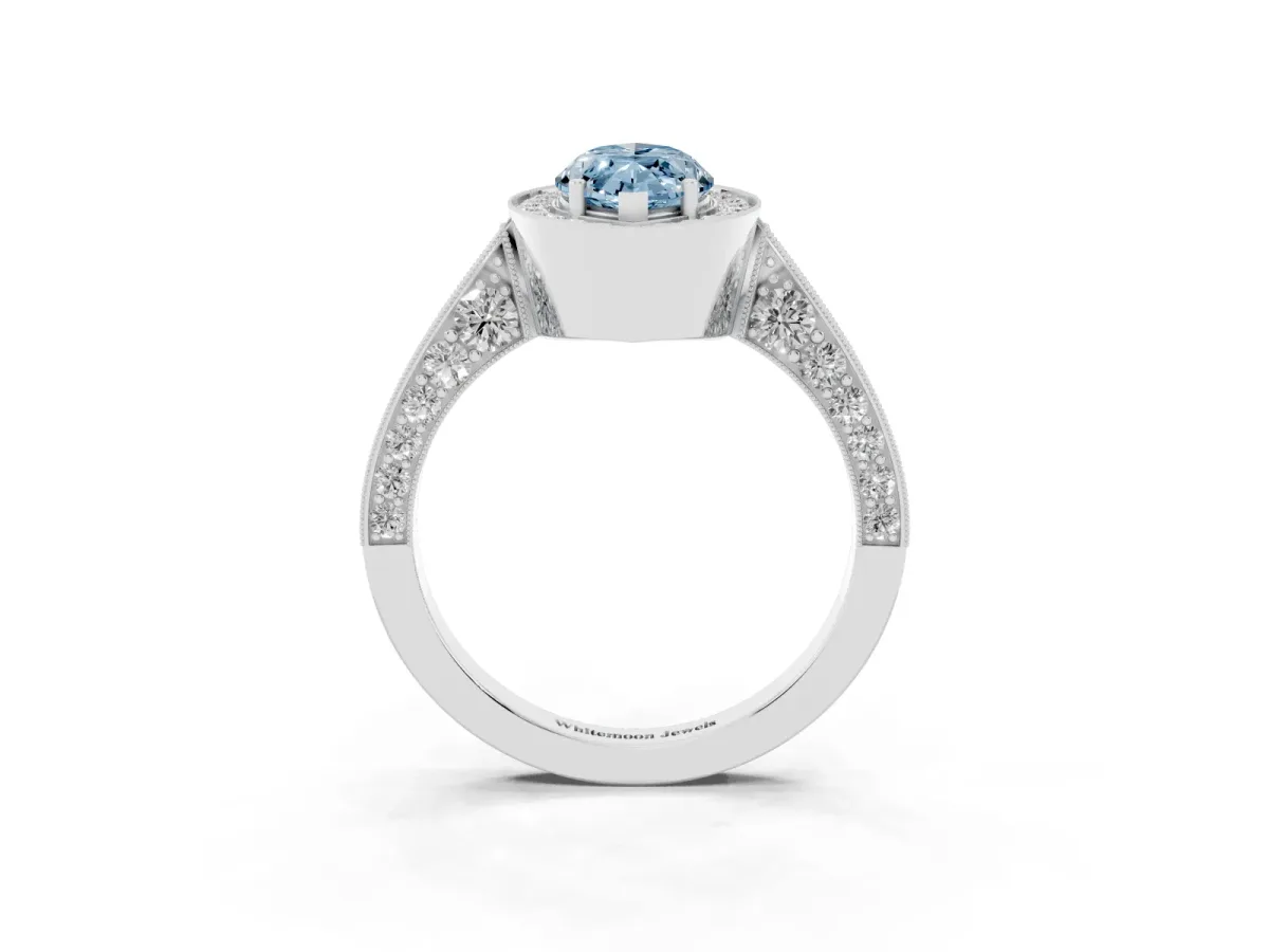 Fancy Blue Marquise Cut Halo Diamond Engagement Ring with Split Shank Band and Four-Prong Setting Silver