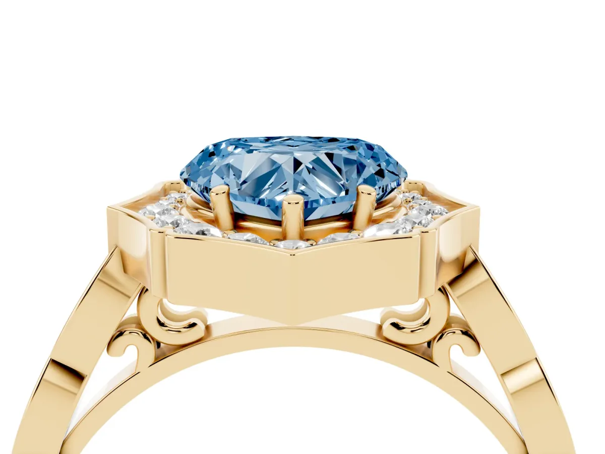 Fancy Blue Heart Cut Halo Diamond Engagement Ring with Milgrain Band and Four-Prong Setting Yellow gold
