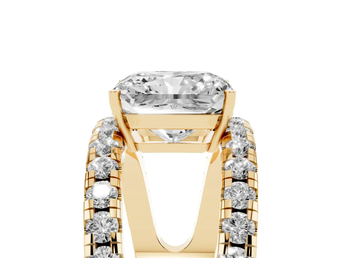 Radiant Cut Solitaire Split Shank Pave Diamond Ring Yellow gold