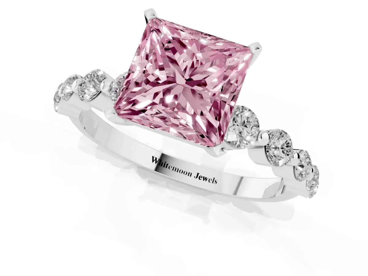 Fancy Pink Princess Cut Solitaire Diamond Ring with Pave Band and Four-Prong Setting Silver