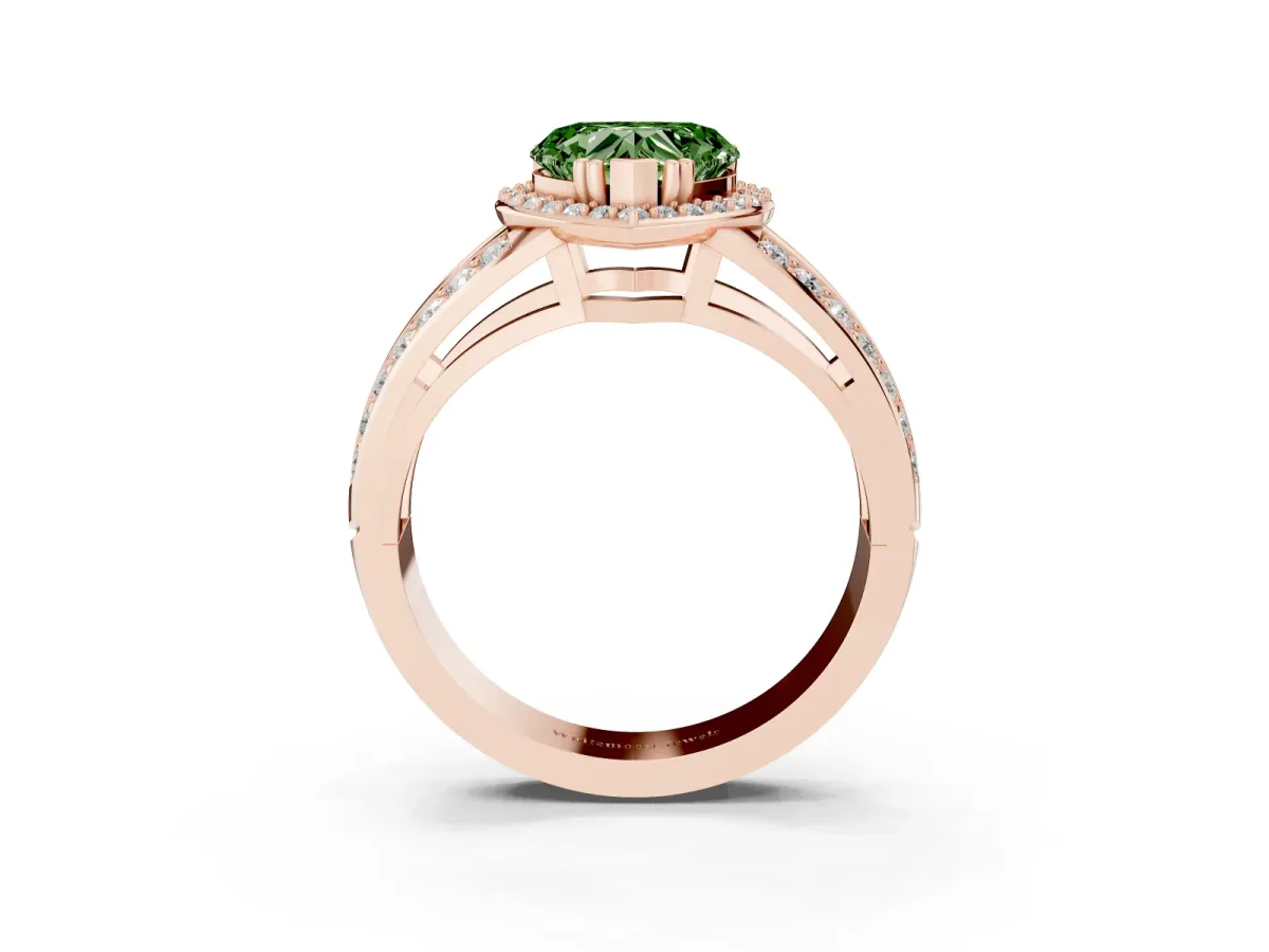 Fancy Green Heart Cut Diamond Halo Ring with Split Shank Pavé Band and Four-Prong Setting Rose gold
