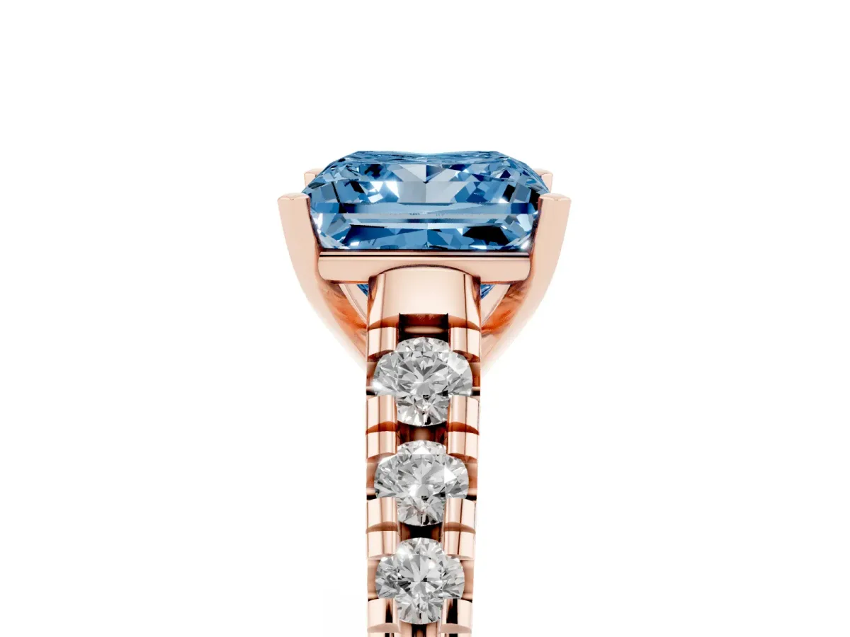 Fancy Blue Princess Cut Diamond Cathedral Solitaire Ring with Round Pavé Band Rose gold