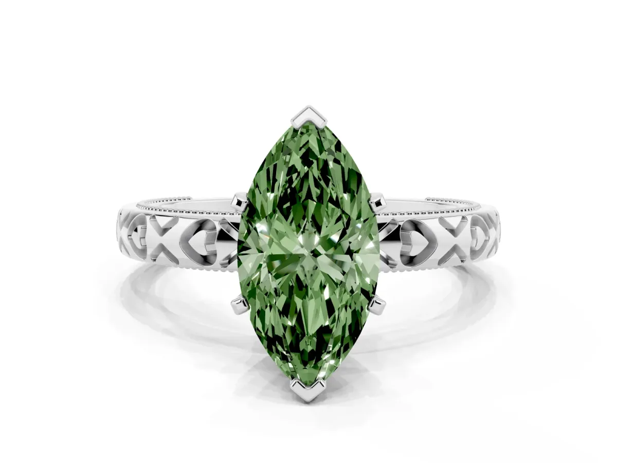 Fancy Green Marquise Cut Solitaire Diamond Engagement Ring with XO Engraved Band and Four-Prong Setting Platinum