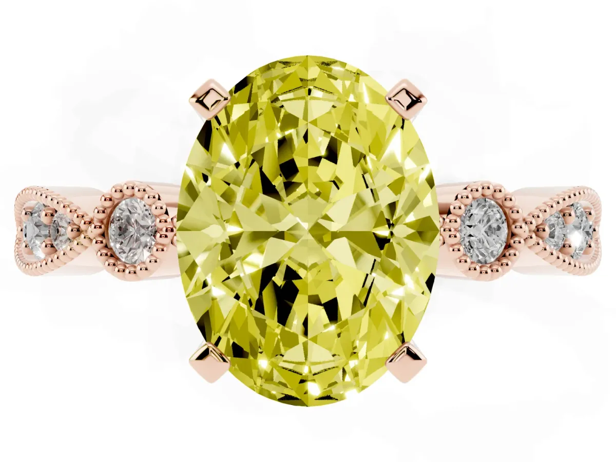 Fancy Yellow Oval Cut Milgrain Bezel Diamond Engagement Ring with Solitaire Prong Setting Rose gold