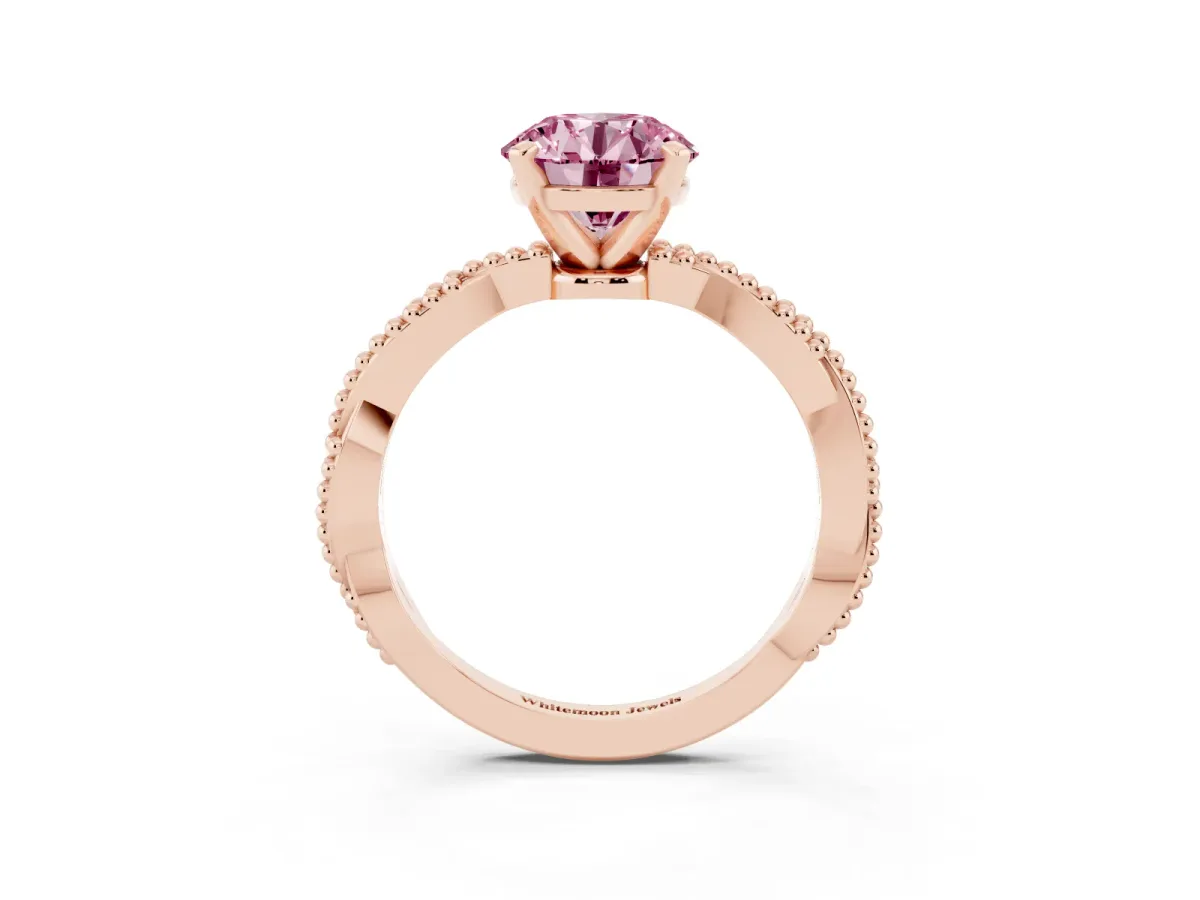 Fancy Pink Round Cut Solitaire Twisted Band with Bead Prong Setting Rose gold
