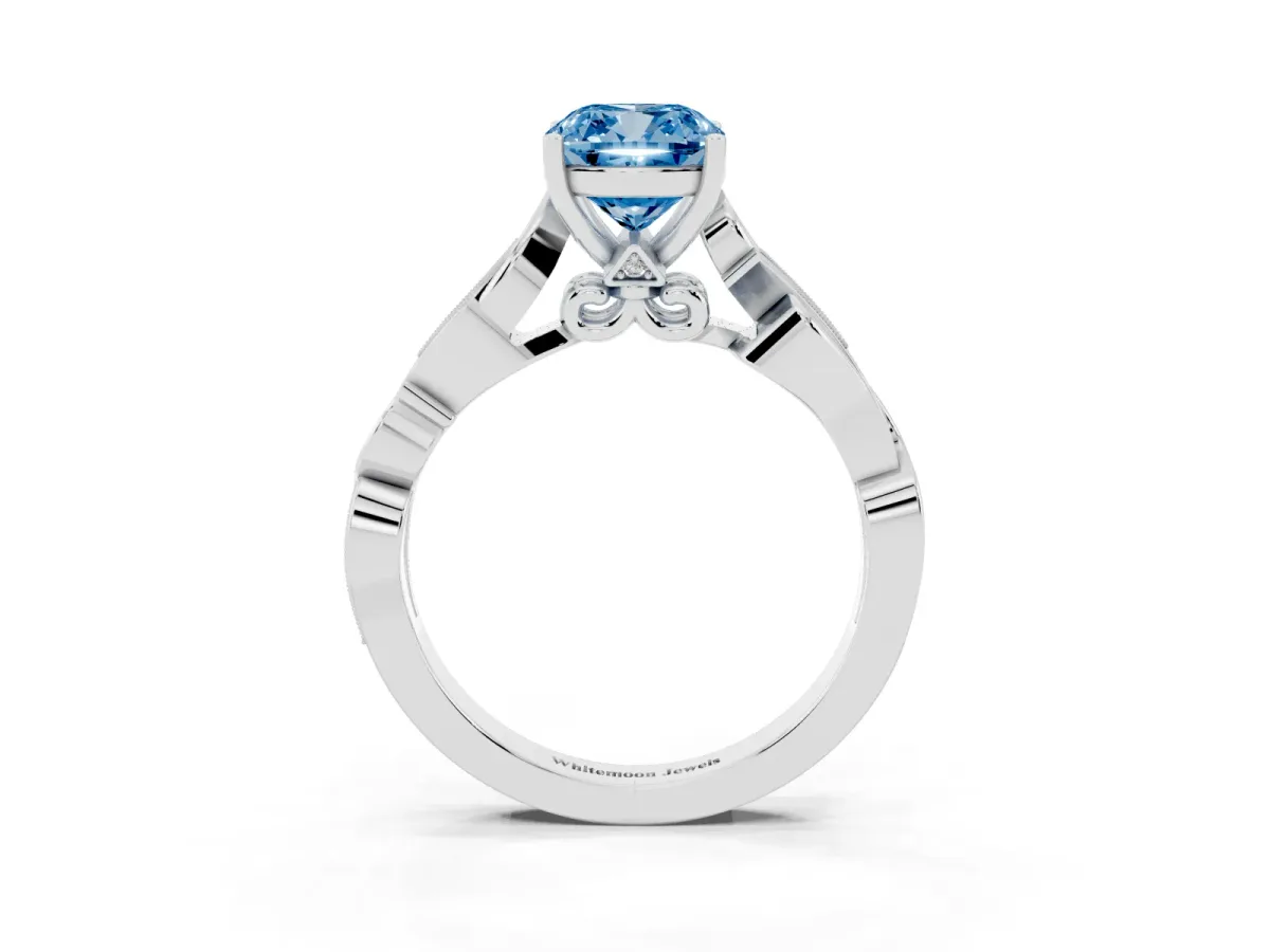 Fancy Blue Cushion Cut Solitaire Vine Band with Milgrain Prong Setting Silver