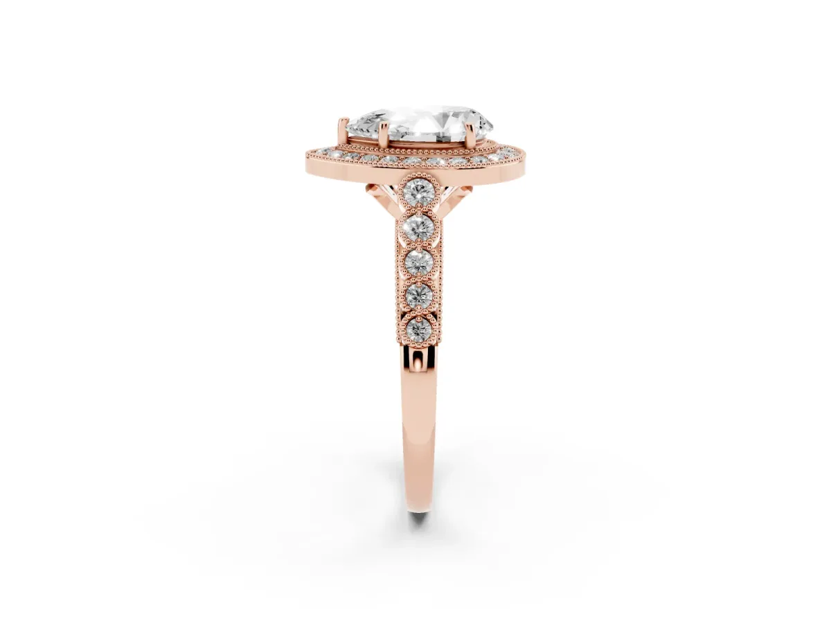 Pear Cut Halo Milgrain Solitaire with Bezel Set Side Stones and Pave Band Rose gold