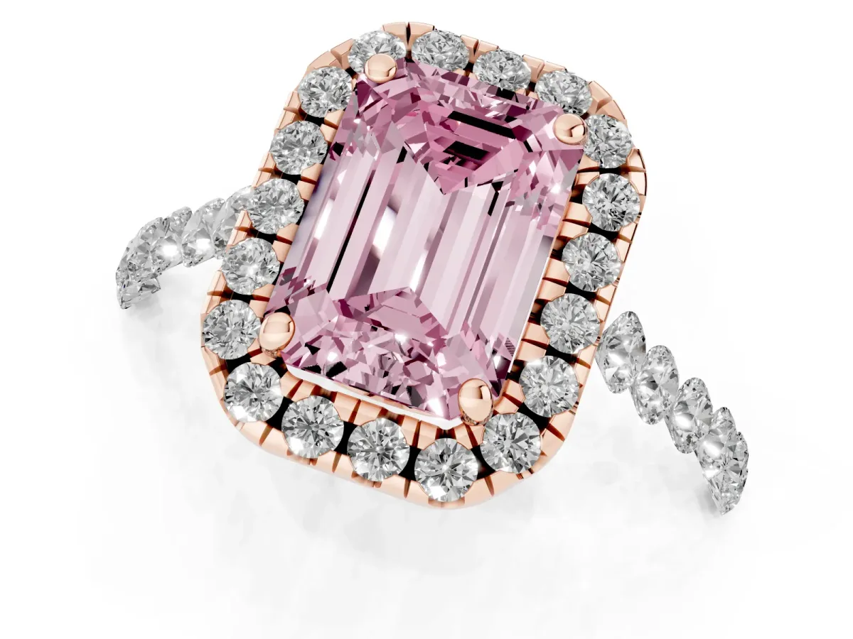Fancy Pink Emerald Cut Halo Pavé Diamond Engagement Ring with Four-Prong Setting Rose gold