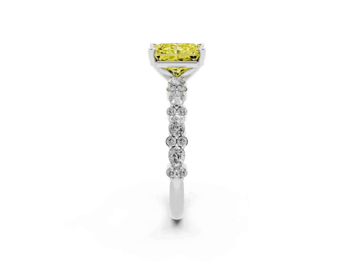 Fancy Yellow Radiant Cut Diamond Side Stone Solitaire Ring with Round and Four-Prong Setting Silver