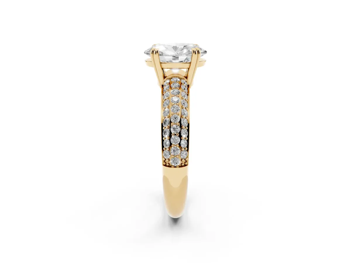 Oval Cut Diamond Solitaire Ring with Multi-Row Round Pavé Band and Prong Setting Yellow gold