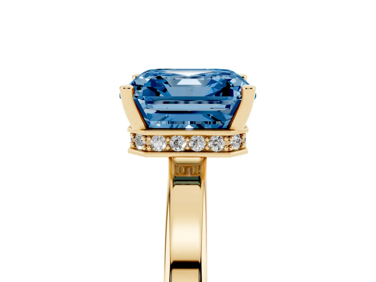 Fancy Blue Asscher Cut Cut Solitaire Engagement Ring with Four-Prong Setting on a Classic Band Yellow gold