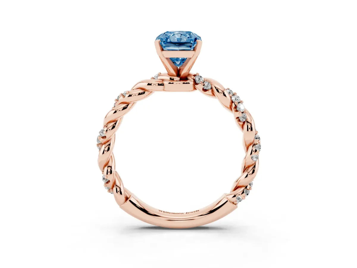Fancy Blue Radiant Cut Diamond Solitaire Ring with Twisted Band and Pavé Accents Rose gold