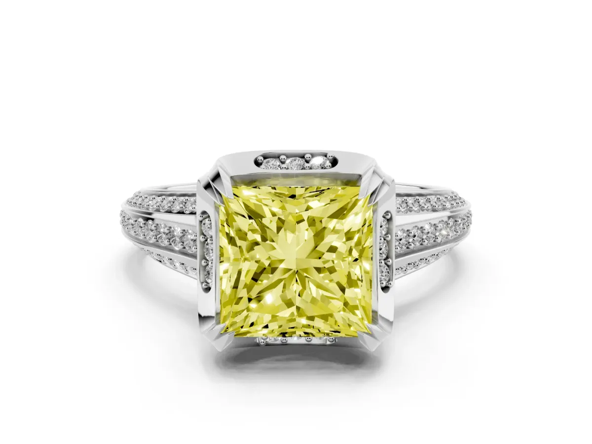 Fancy Yellow Princess Cut Solitaire Pave Split Shank Ring with Four-Prong Setting Silver