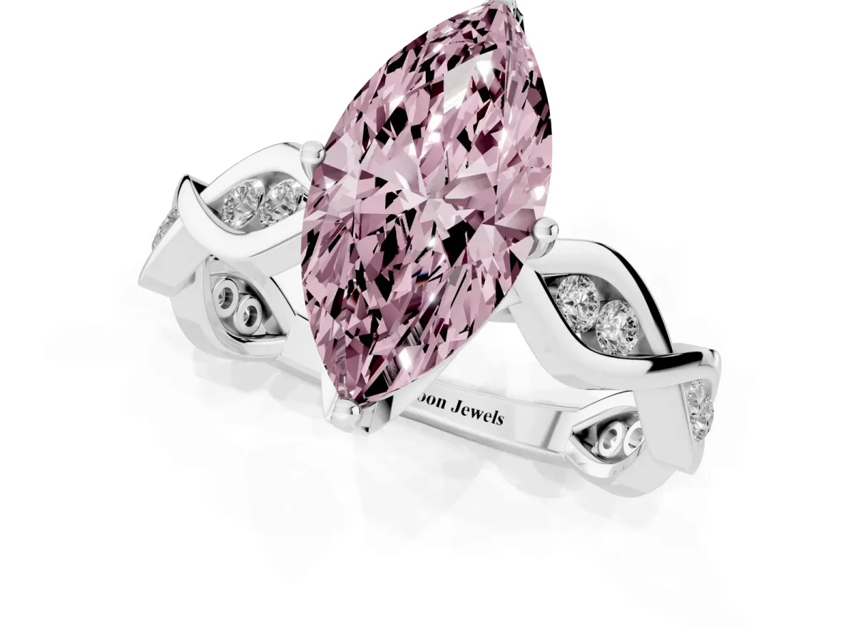Fancy Pink Marquise Cut Solitaire Twist Band with Leaf Prong Setting Silver
