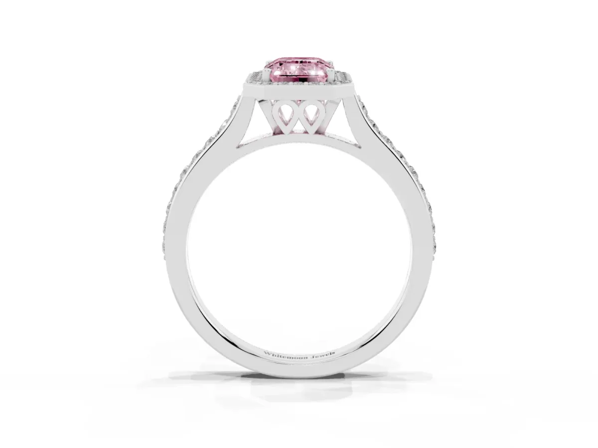 Fancy Pink Emerald Cut Diamond Halo Engagement Ring with Round Pavé Shoulders and Prong Setting White gold