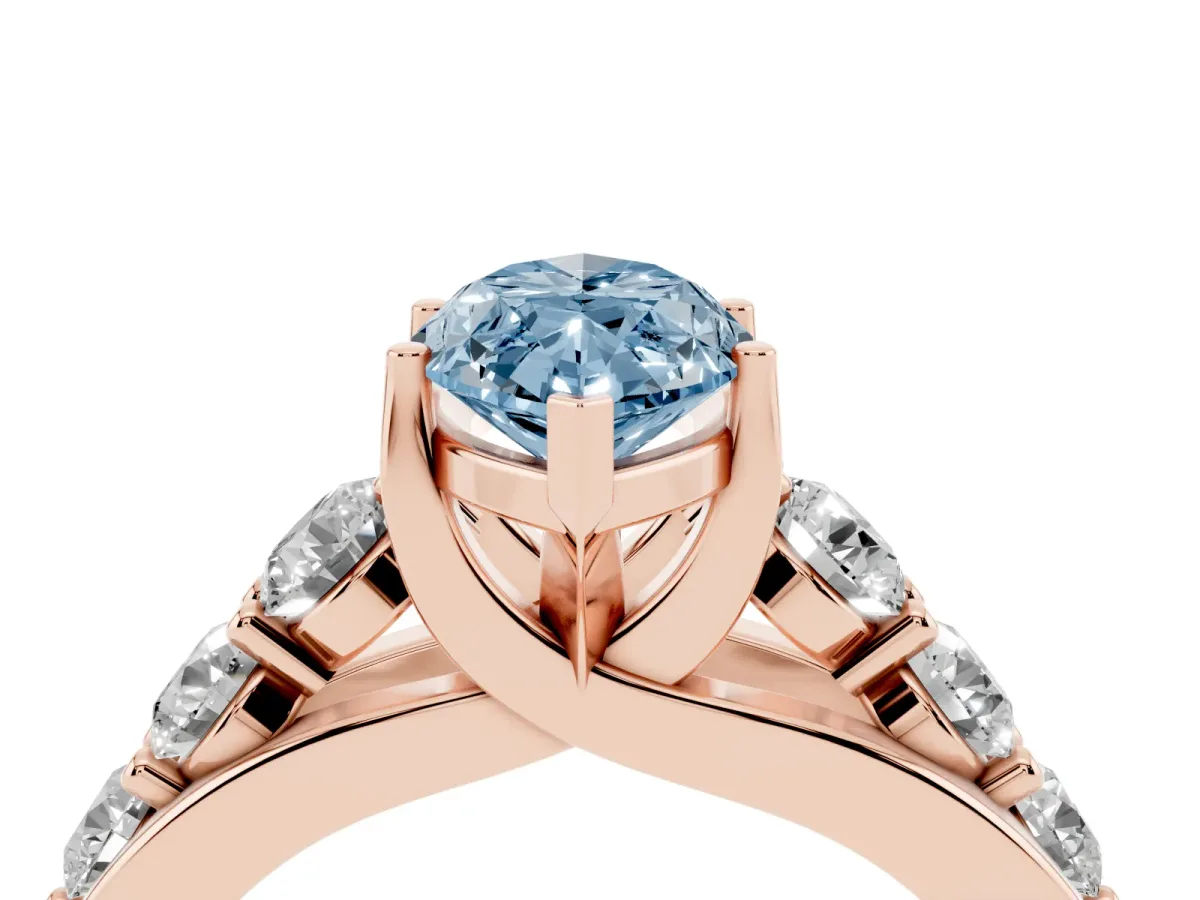Fancy Blue Marquise Cut Diamond Engagement Ring with Pavé Band and Four-Prong Setting Rose gold