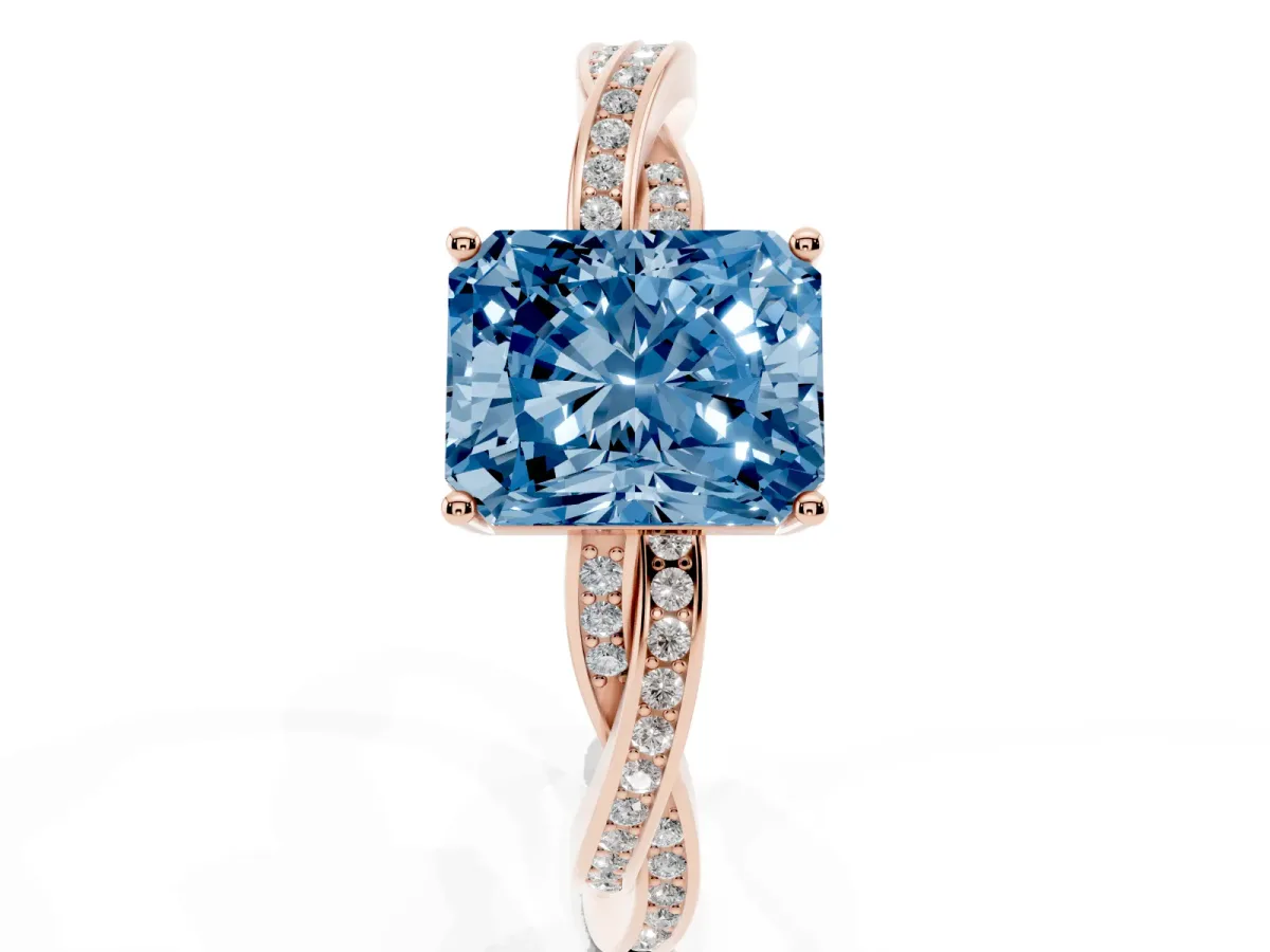 Fancy Blue Radiant Cut Solitaire Twisted Pave Diamond Ring with Four-Prong Setting Rose gold