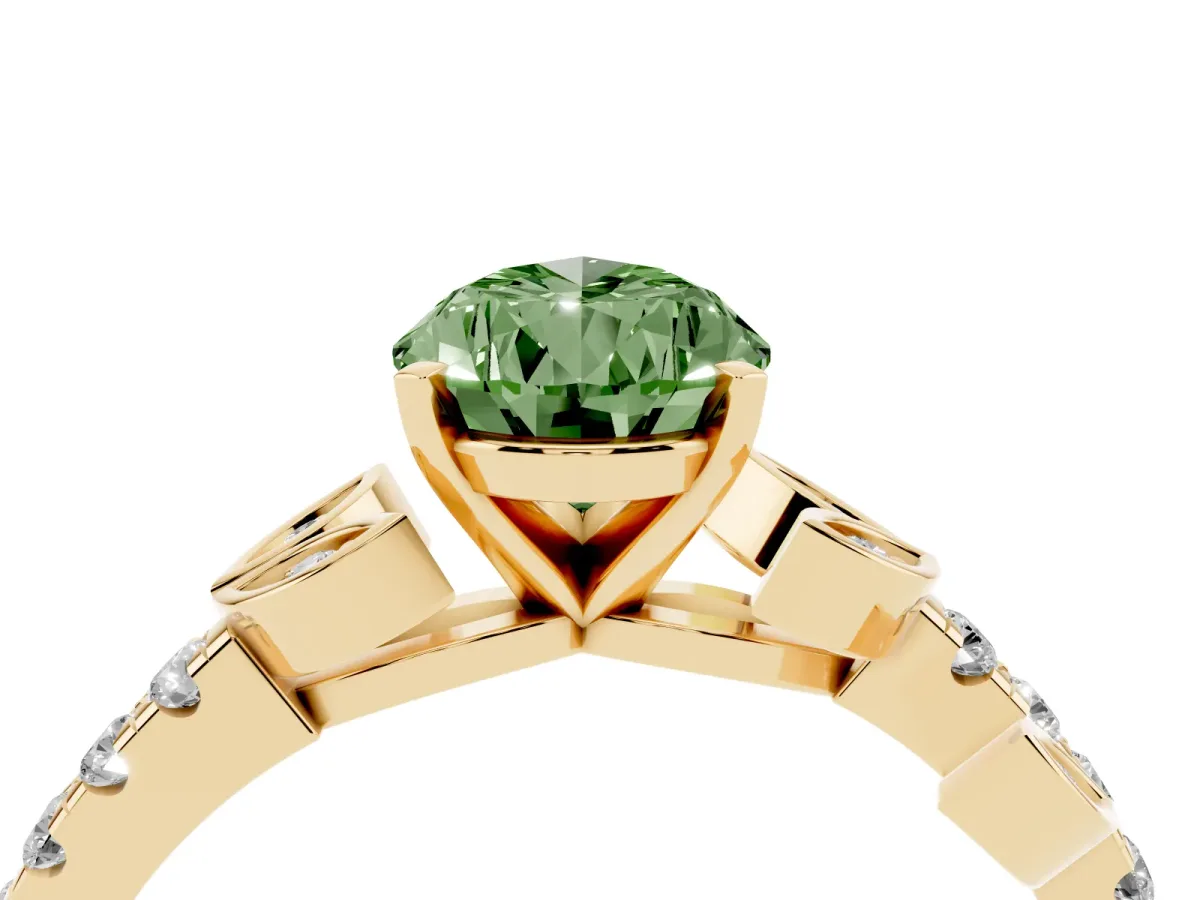 Fancy Green Pear Cut Solitaire Leaf-Inspired Diamond Ring with Pavé Band and Four-Prong Setting Yellow gold
