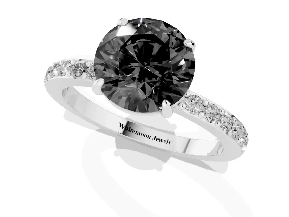 Fancy Black Round Cut Diamond Pavé Engagement Ring with Round Accents and Prong Setting Silver