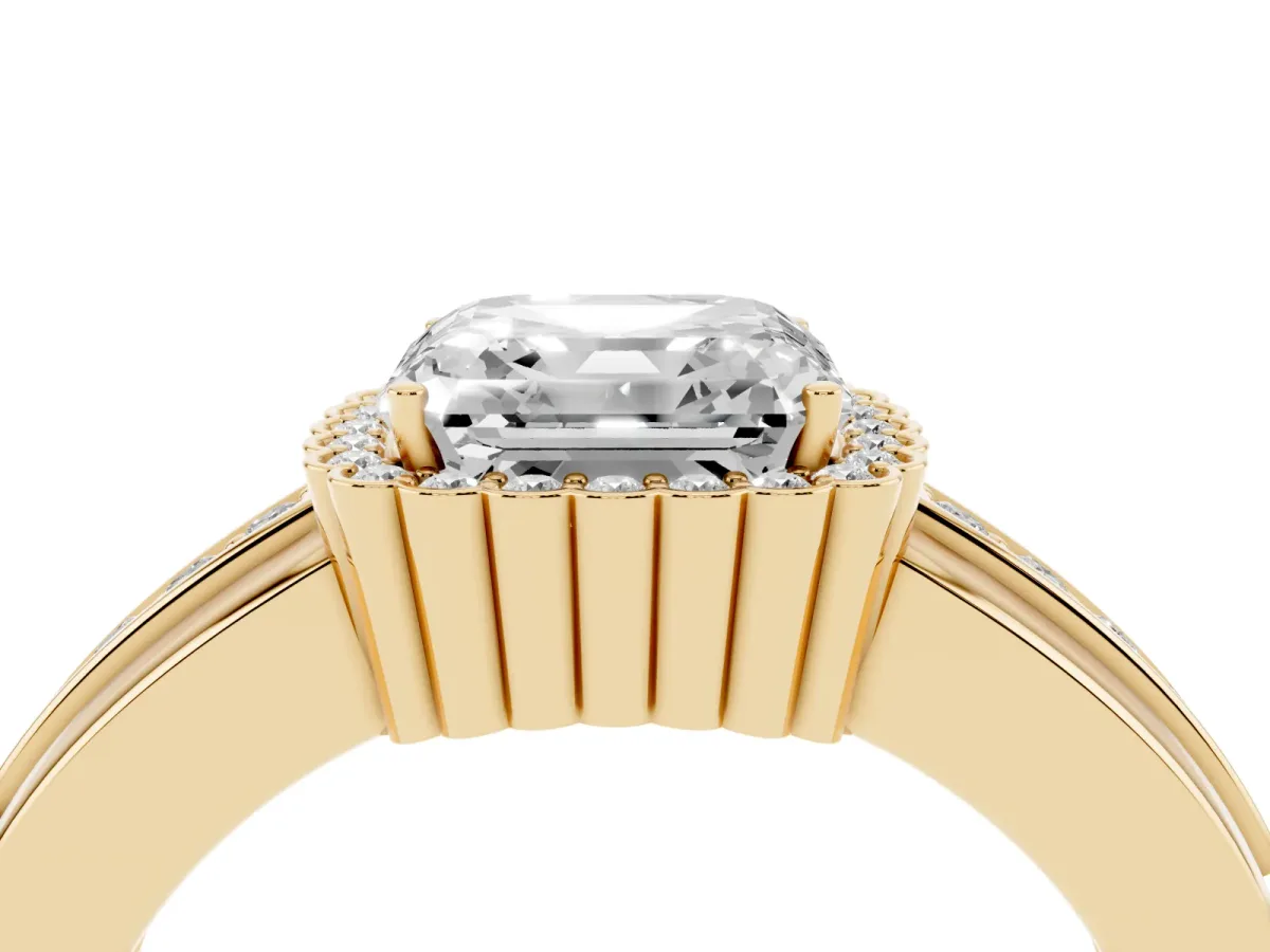 Asscher Cut Cut Halo Pave Band Four-Prong Ring Yellow gold