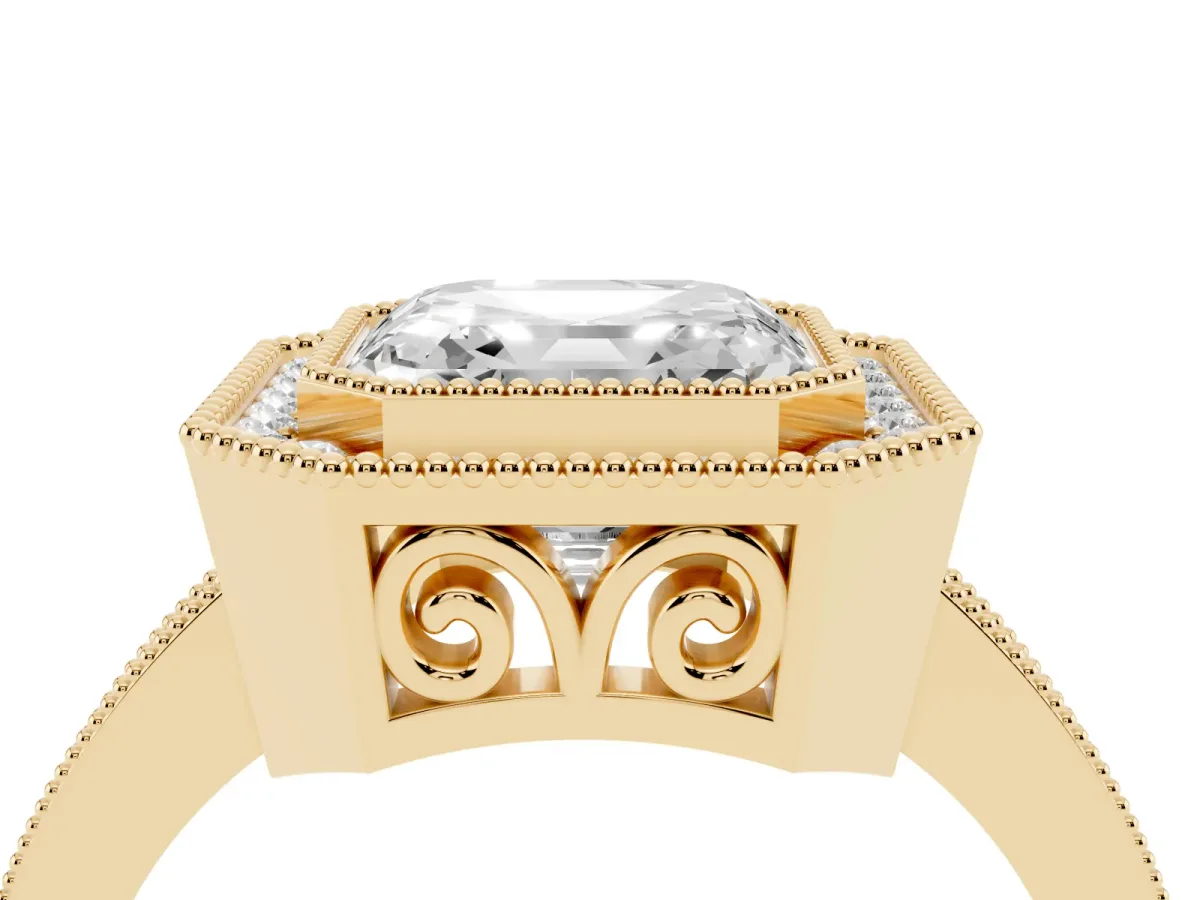 Asscher Cut Cut Halo Diamond Ring with Pavé Band and Milgrain Prong Setting Yellow gold
