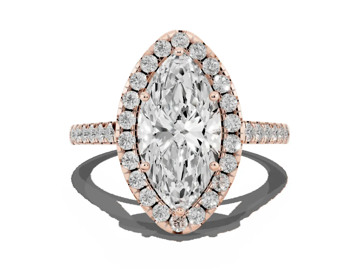 Marquise Cut Halo Pavé Diamond Engagement Ring with Four-Prong Setting Rose gold