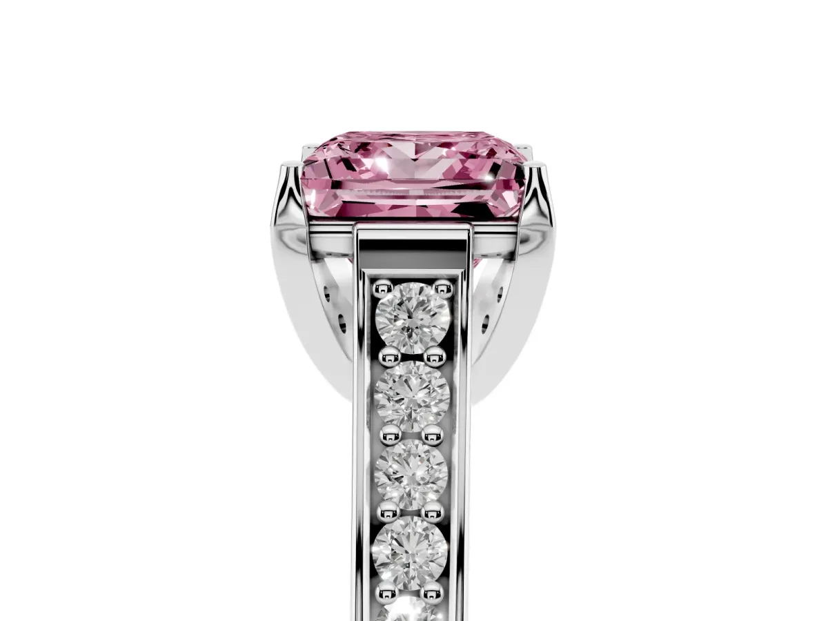 Fancy Pink Princess Cut Brilliant Cut Diamond Engagement Ring with Pavé Band and Four-Prong Setting Platinum