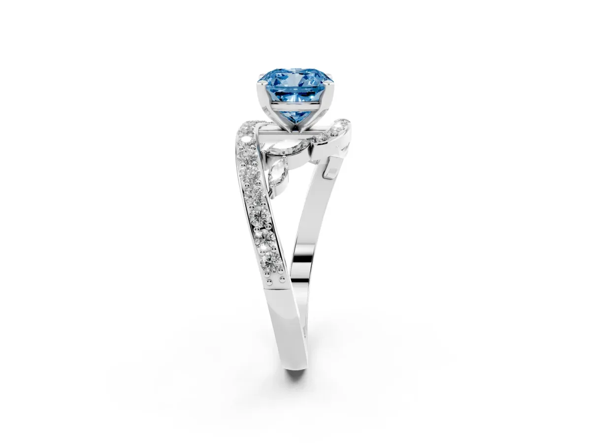 Fancy Blue Cushion Cut Solitaire with Pavé Twist Band and Four-Prong Setting Silver