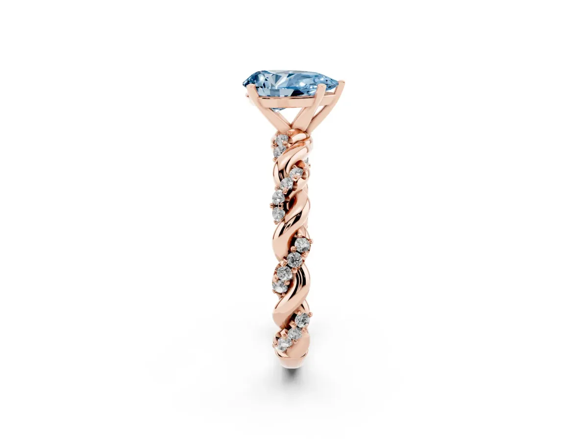 Fancy Blue Pear Cut Diamond Solitaire Ring with Twisted Band and Pavé Accents Rose gold