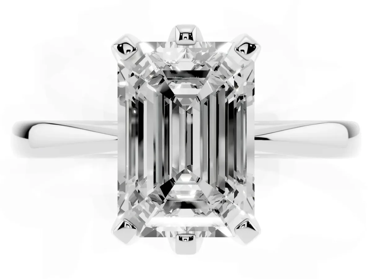 Emerald Cut Solitaire Engagement Ring with Six-Prong Setting and Tapered Band Platinum