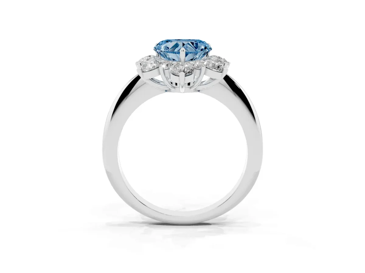 Fancy Blue Heart Cut Diamond Cluster Halo Ring with Solitaire Band and Four-Prong Setting White gold