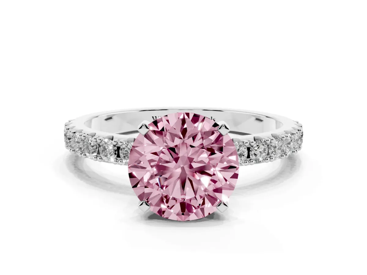 Fancy Pink Round Cut Diamond Solitaire Pavé Band with Four-Prong Setting Platinum