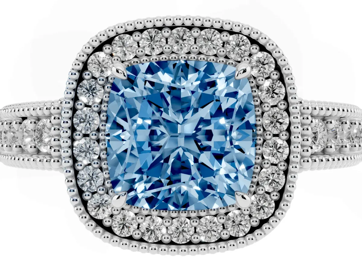 Fancy Blue Cushion Cut Cut Halo Diamond Ring with Pavé Band and Four-Prong Setting Silver