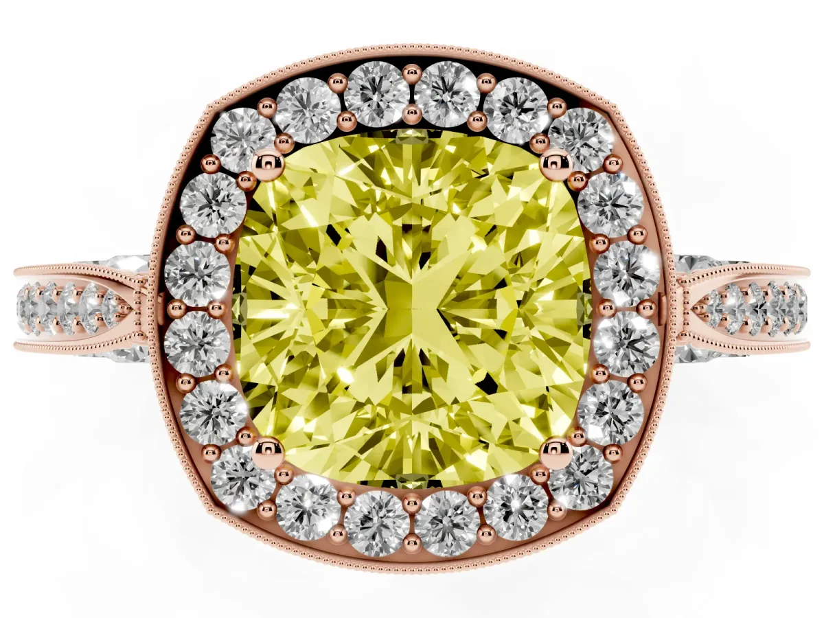 Fancy Yellow Cushion Cut Halo Diamond Engagement Ring with Split Shank Band and Four-Prong Setting Rose gold