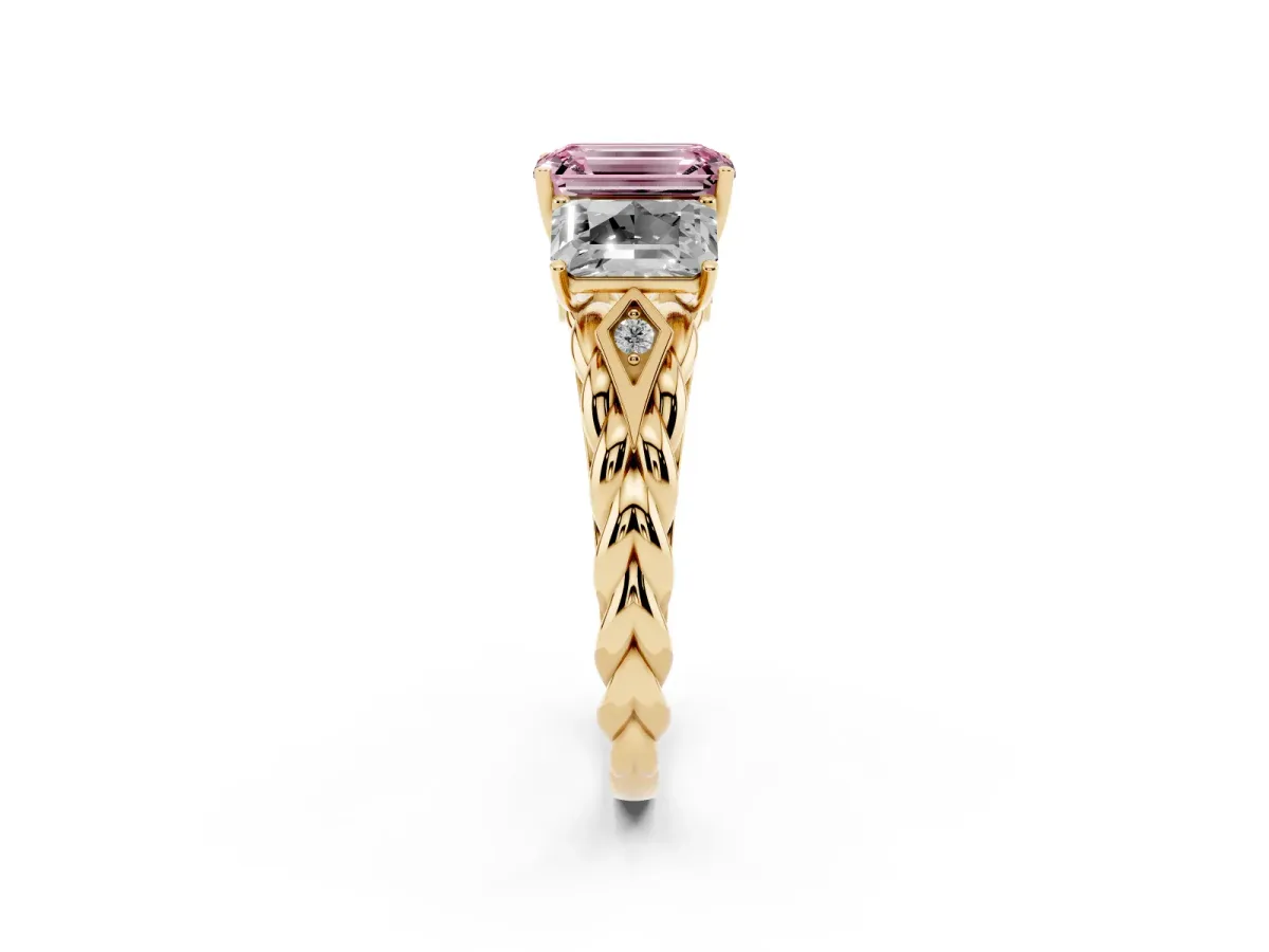 Fancy Pink Three-Stone Radiant Cut Diamond Braided Band Ring with Four-Prong Setting Yellow gold