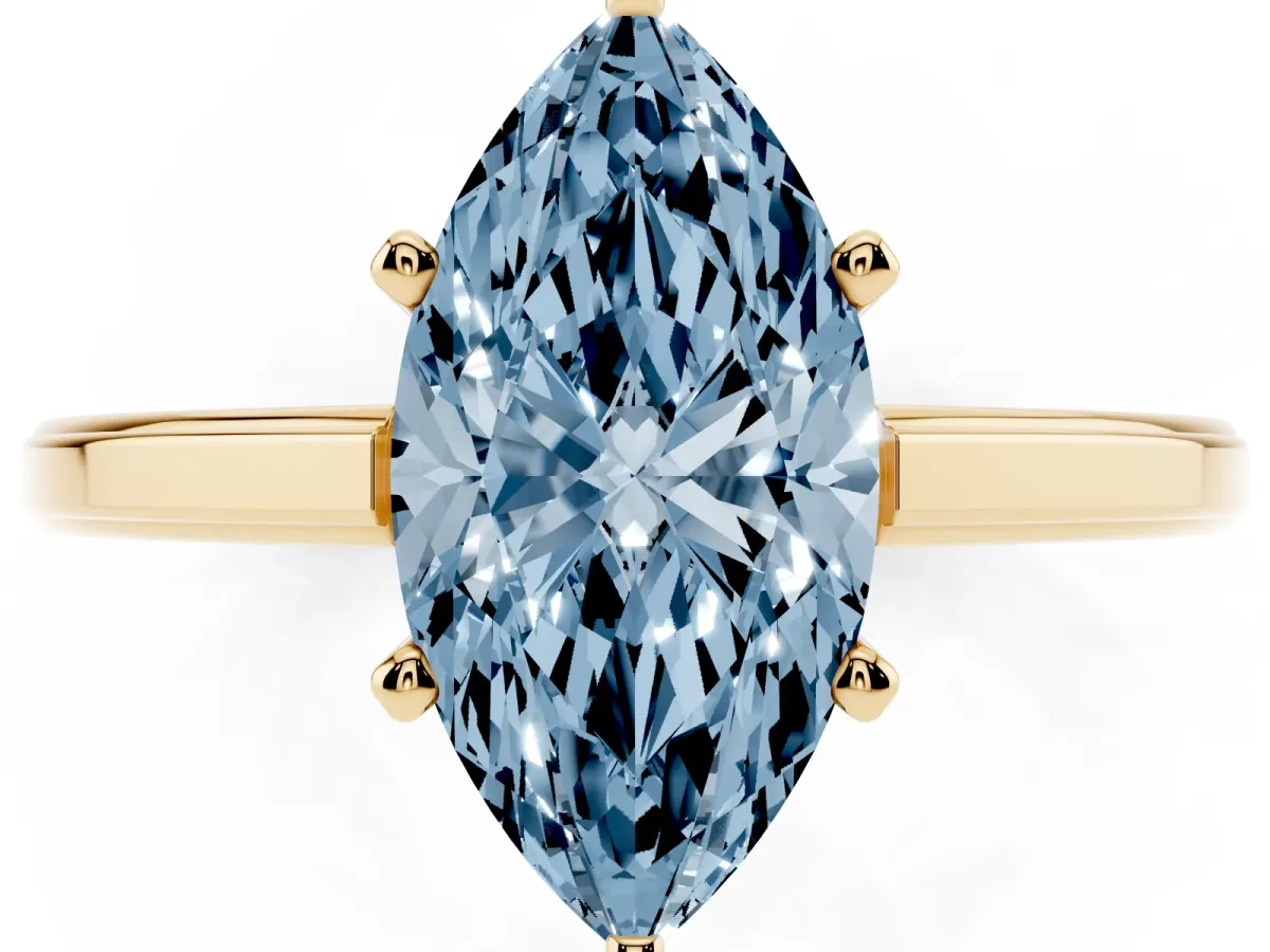 Fancy Blue Marquise Cut Solitaire Diamond Ring with Four-Prong Setting and Classic Band Yellow gold