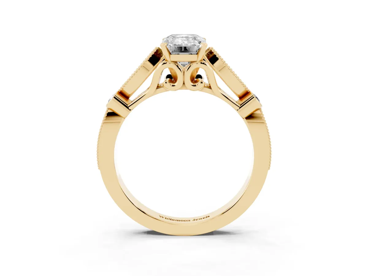 Emerald Cut Cut Diamond with Milgrain Marquise and Bezel Accents on a Solitaire Band with Prong Setting Yellow gold