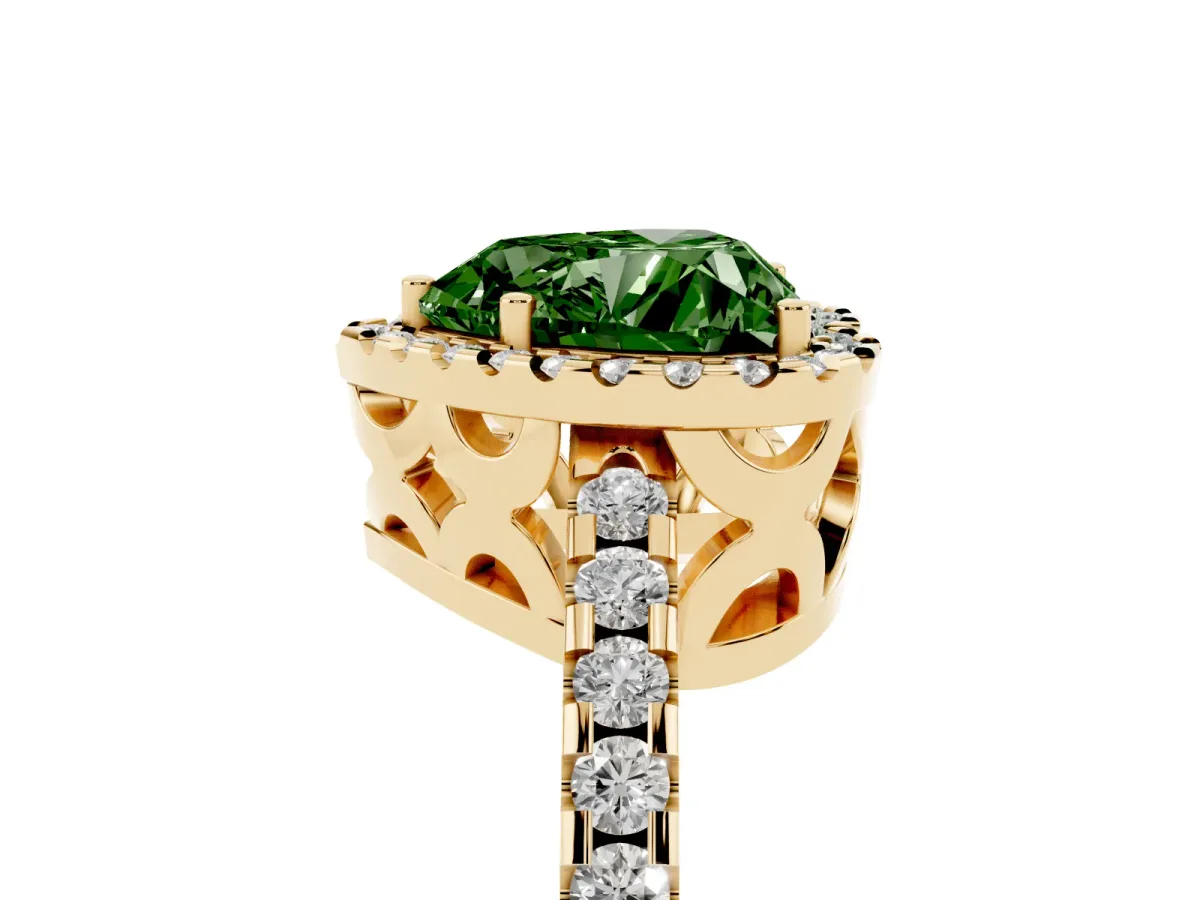 Fancy Green Heart Cut Diamond Halo Engagement Ring with Pavé Band and Prong Setting Yellow gold