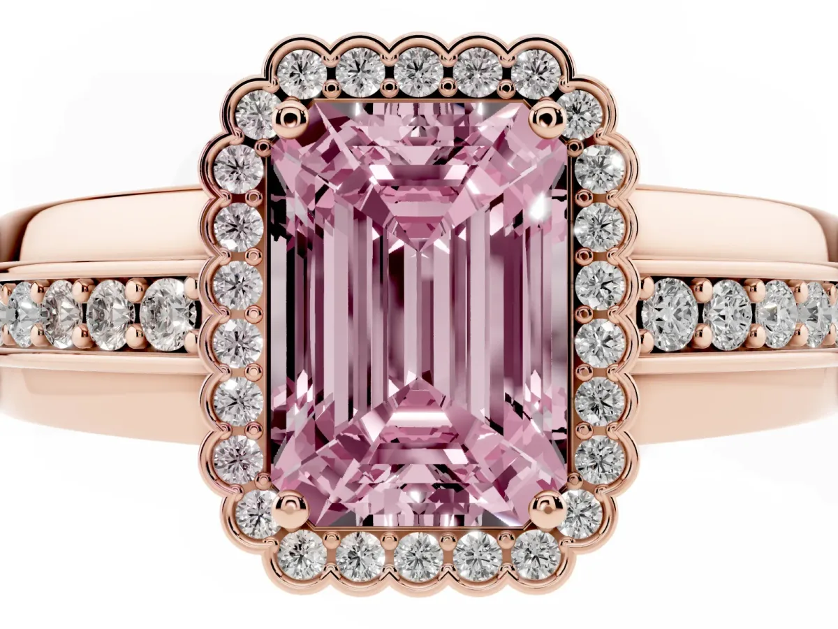 Fancy Pink Emerald Cut Cut Halo Pave Band Four-Prong Ring Rose gold