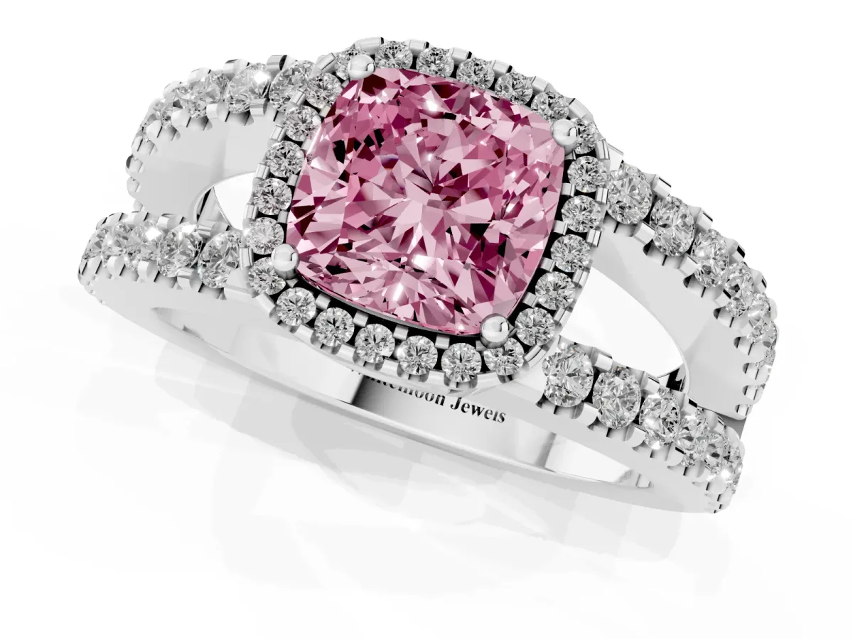 Fancy Pink Cushion Cut Cut Halo Split Shank Diamond Ring with Four-Prong Setting Silver