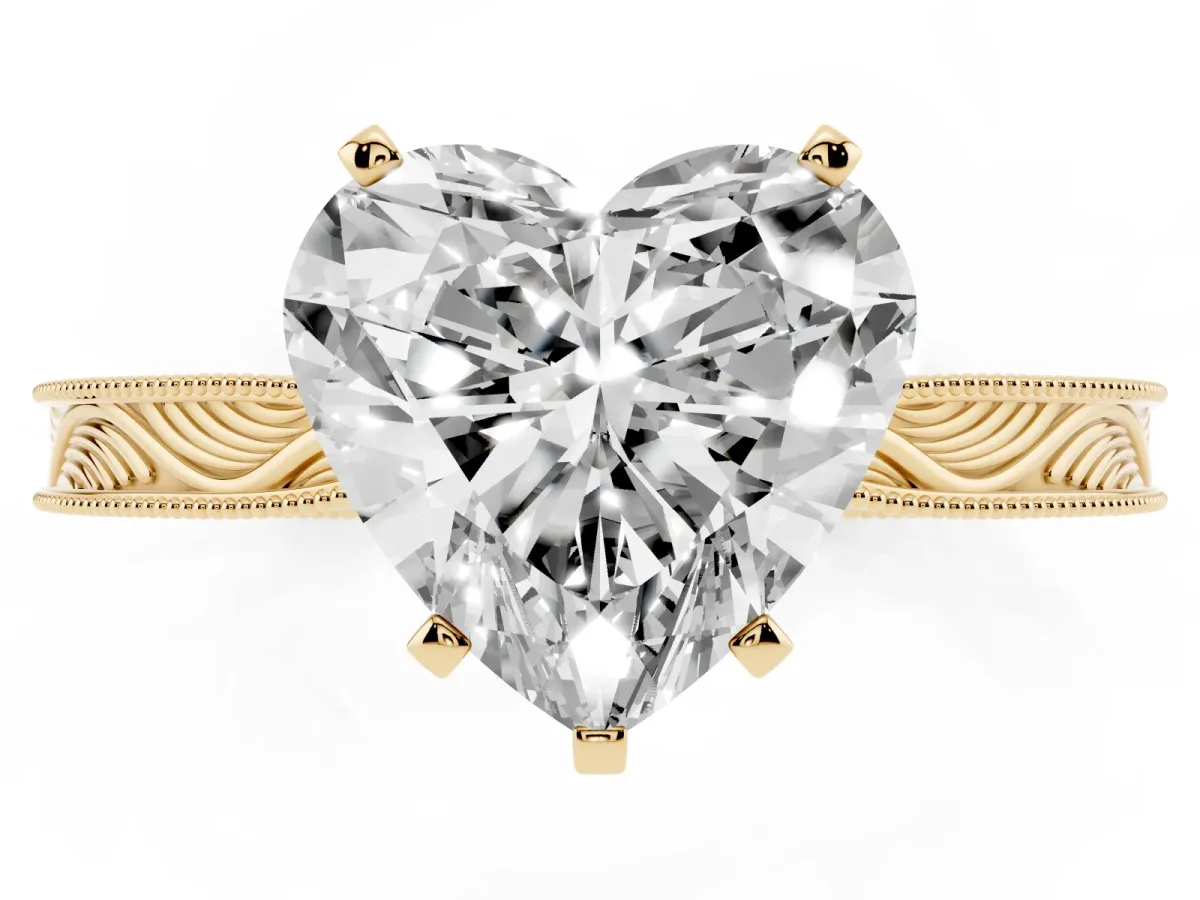 Heart Cut Solitaire Milgrain Engraved Band with Four-Prong Setting Yellow gold
