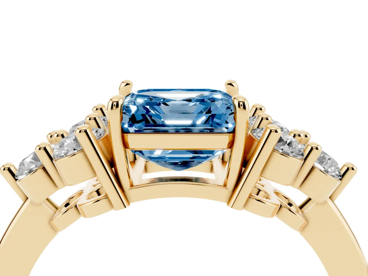 Fancy Blue Asscher Cut Brilliant Diamond Cluster Accent Solitaire Ring with Prong Setting Yellow gold