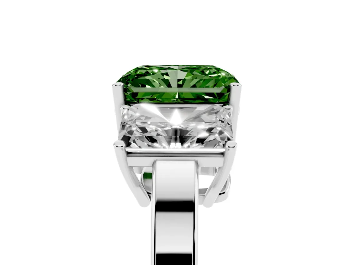 Fancy Green Three-Stone Radiant Cut Cut Diamond Engagement Ring with Flat Band and Four-Prong Setting Silver